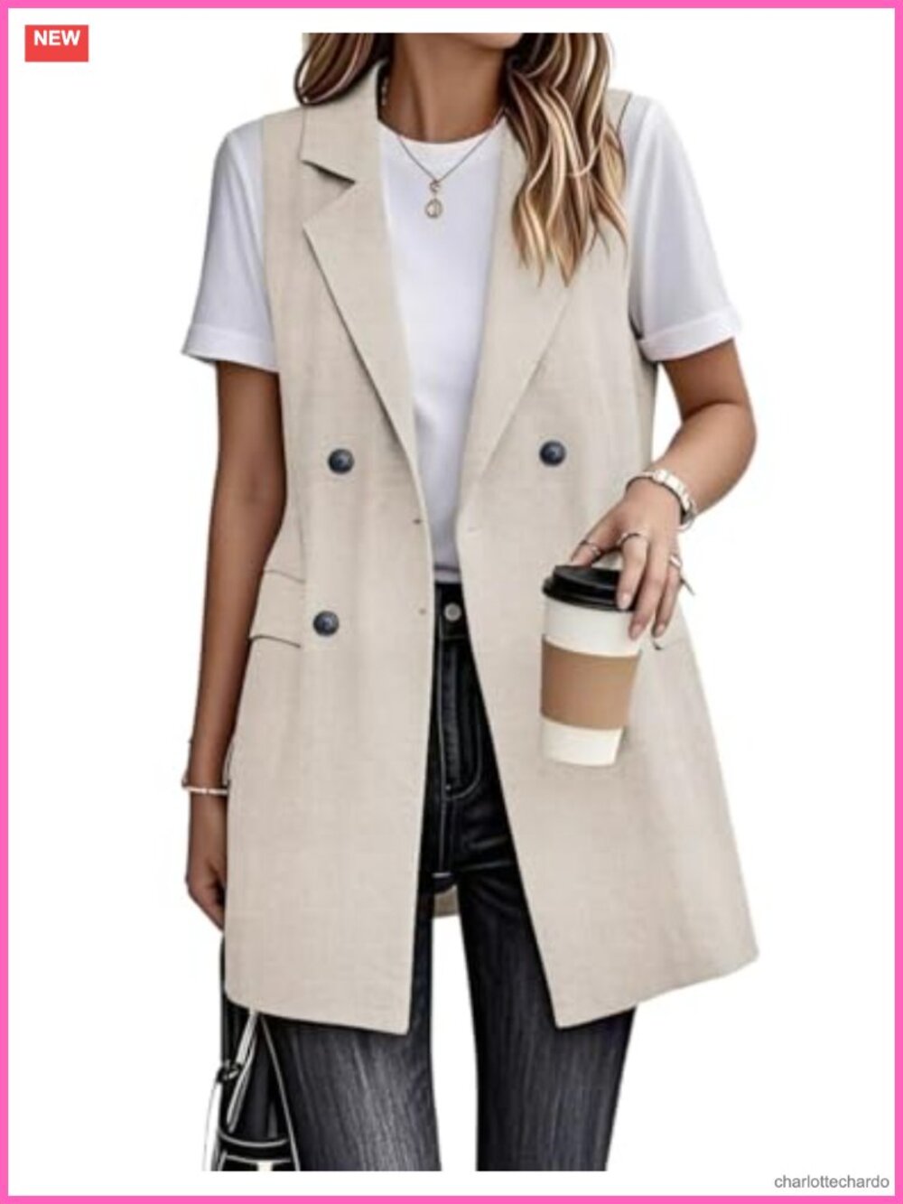 Long Sleeveless Linen Vest Blazer Double Breasted Business Casual Office